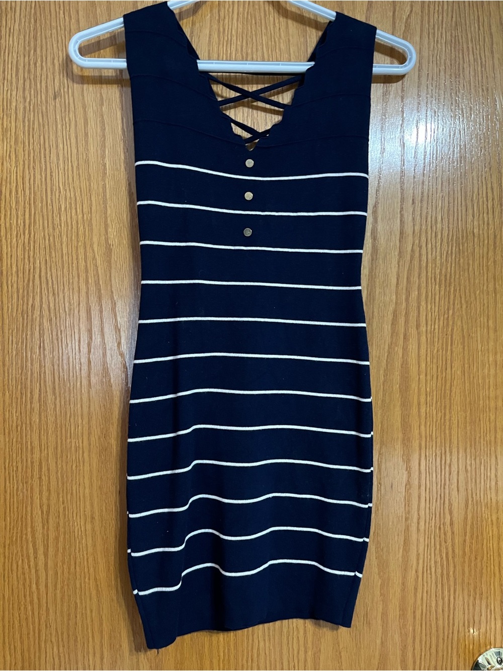 Navy Blue Striped Sleeveless Knit Dress